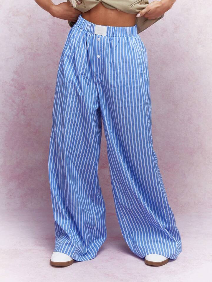 MISSGUIDED Buttoned Striped Wide Leg Pajama Pants | SHEIN