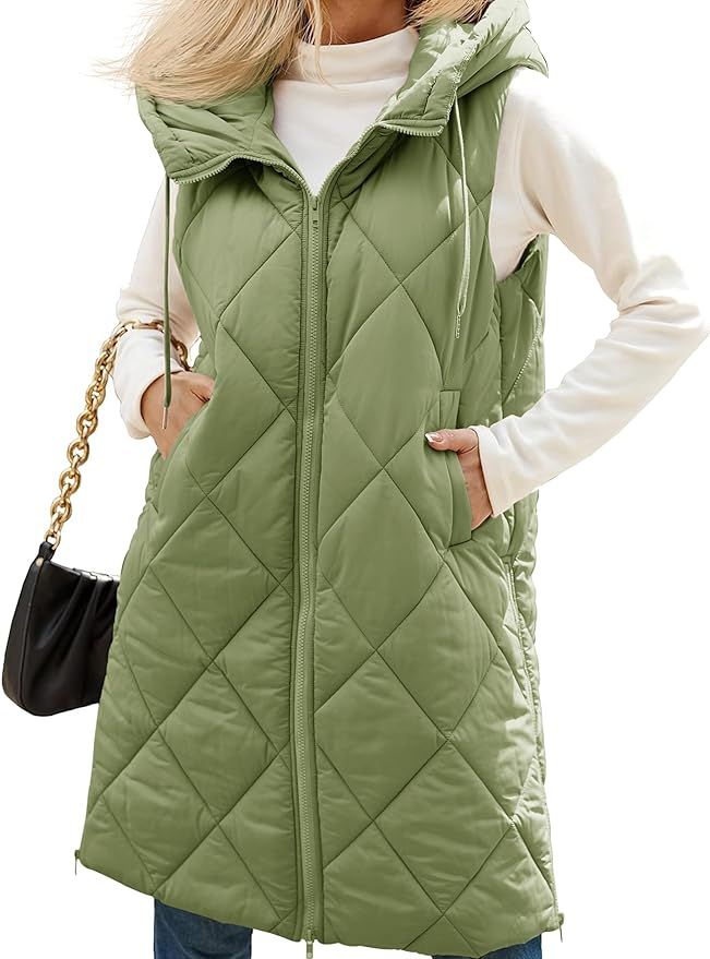 MEROKEETY Womens Sleeveless Quilted Long Puffer Vest Hooded Full Zip Jacket Coats with Pockets | Amazon (US)