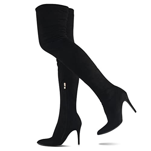 CAMSSOO Black Knee High Boots Fashion Pointed Toe Thigh High Boots Stiletto High Heel Side Zipper Tall Boots Elasticity Black Suede Boot Size 7 | Amazon (US)