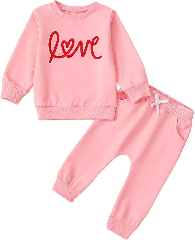 Toddler Newborn Baby Girl Valentines Day Outfit Pink Love Sweatshirt Jogger Pants Set Cute Infant Clothes Tracksuit | Amazon (US)
