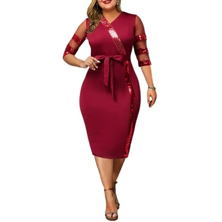 KVMeteor Women Plus Size Sequins 3/4 Sleeve Patchwork Party Evening Dress | Walmart (US)