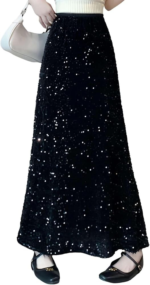 ADWAXDA Sparkly Skirt for Women, Elastic High Waist Sequin Maxi Skirt, Night Out Evening Party Co... | Amazon (US)