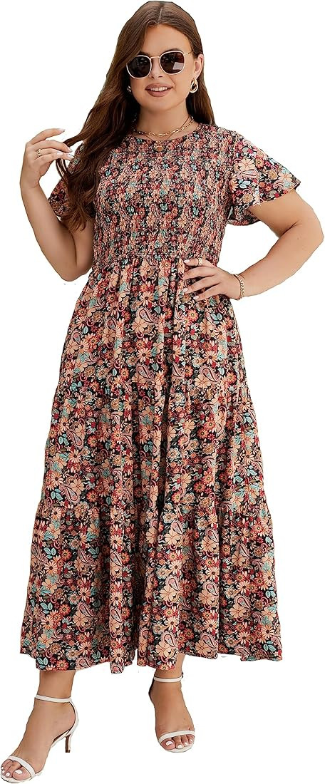 Women's Plus Size Summer Casual Maxi Dress 2023 Flutter Short Sleeve Crew Neck Smocked Tiered Floral | Amazon (US)