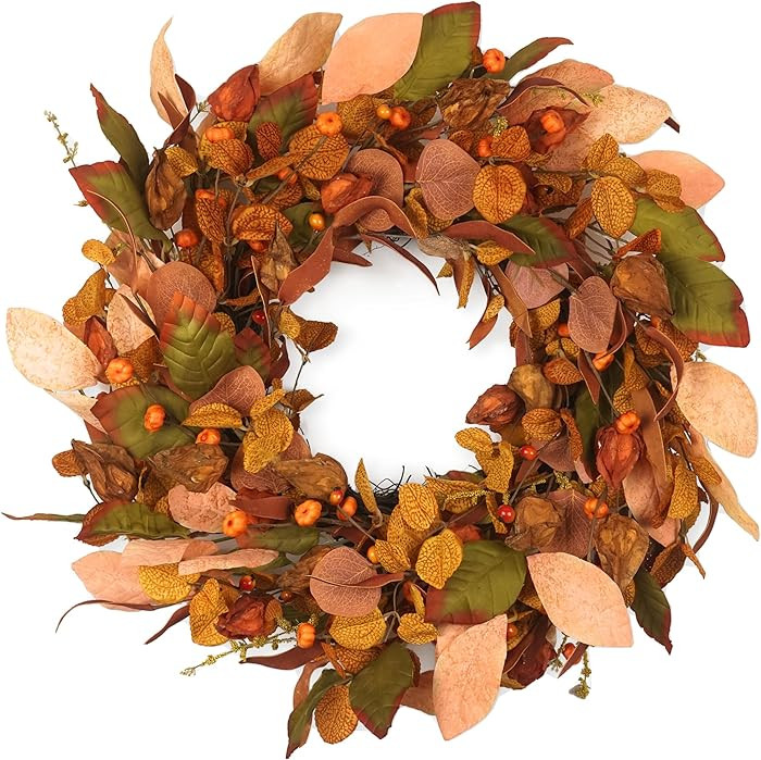 Autumn Wreath with Small Pumpkin, Berry & Leaves - 22 inch, Indoor/Outdoor Farmhouse Decoration | Amazon (US)