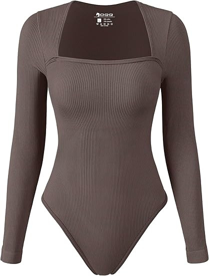 OQQ Women's Bodysuits Sexy Ribbed Square Neck Long Sleeve Tummy Control Casual Fall Bodysuits | Amazon (US)