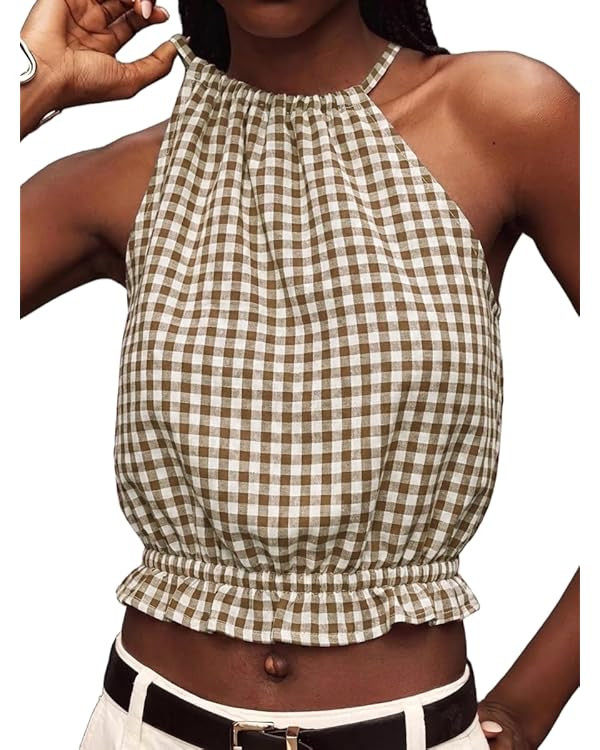 IDEALSANXUN Womens Crop Linen Halter Tops Summer High Neck Tank Tops Sleeveless Shirts | Amazon (US)