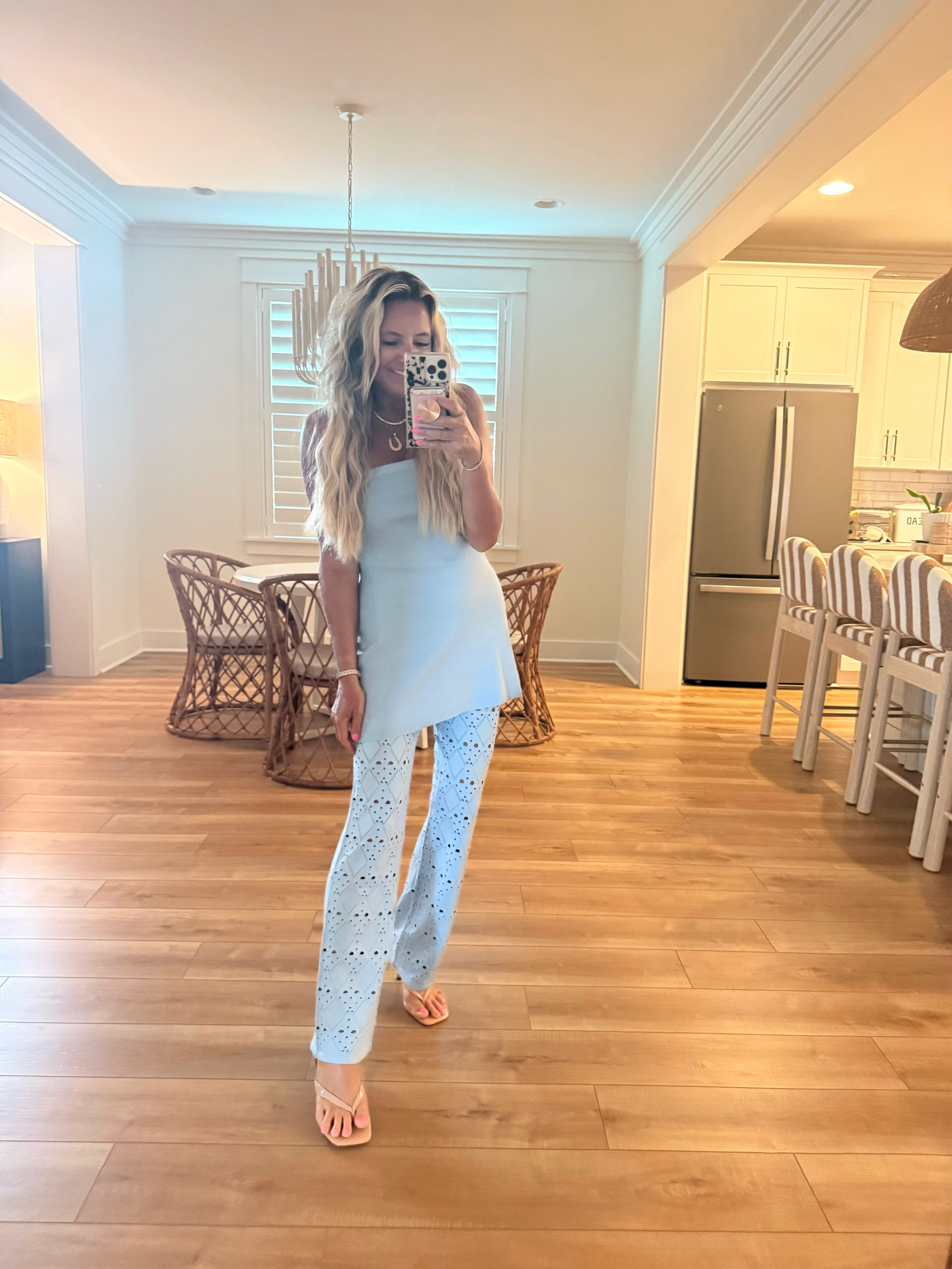 This light blue matching set is such a fun vacation outfit! The asymmetrical top and eyelet flare pants make it feel elevated while still being lightweight and comfortable. Perfect for a beach dinner, resort night, or summer event 🩵
 

 #LTKdayinmylife #LTKootd #LTKSeasonal