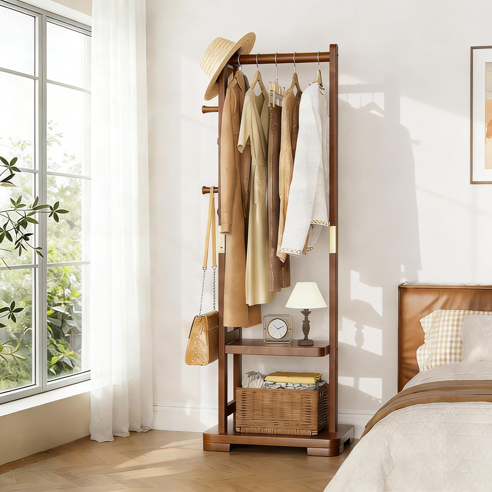 Coat Rack Solid Wood Clothes Rack with 2 Shelves & 4 Hooks for Hanging Clothes Garment Wallets Ha... | Amazon (US)