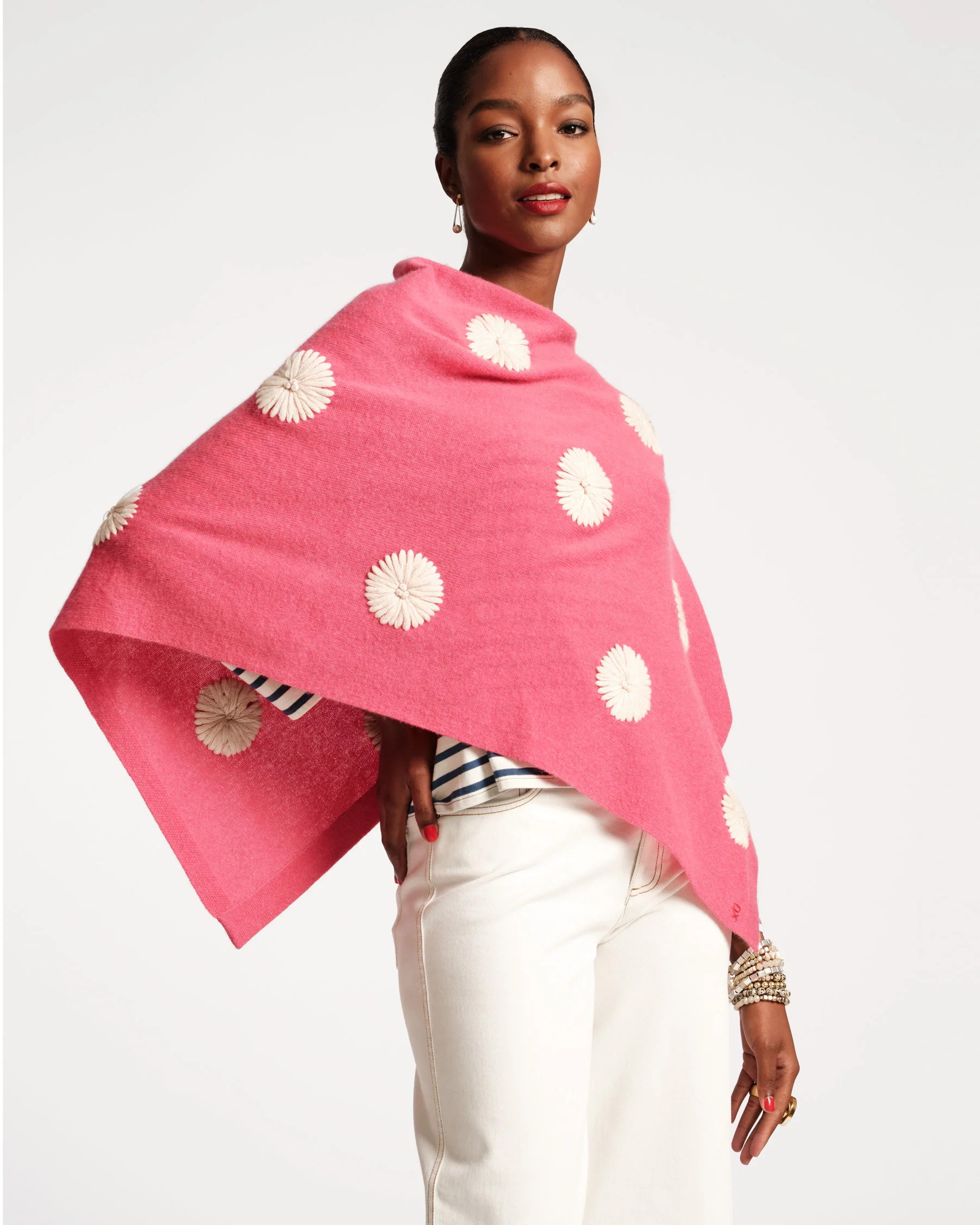 Le Petit Poncho Embroidered Flowers Pink Oyster | Frances Valentine