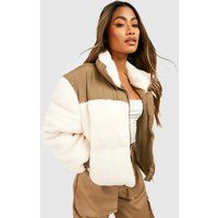 Womens Teddy Faux Fur Panelled Puffer Jacket - White - 14, White | Boohoo.com (UK & IE)