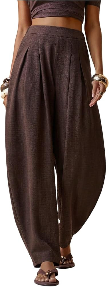 BEAUDRM Women's Linen Pleated Wide Leg Barrel Pants Elastic Waist Casual Baggy Trousers with Pock... | Amazon (US)