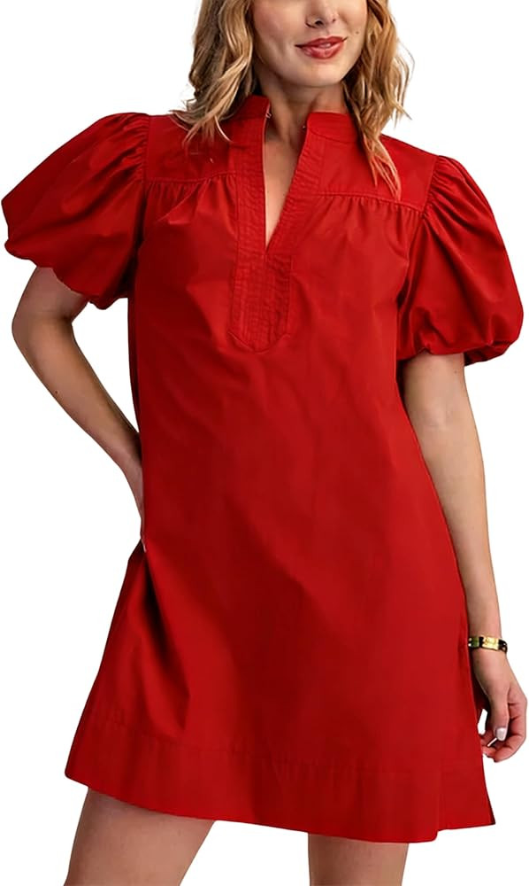 Esmeling Women Summer Shift Mini Dress V Neck Puff Short Sleeve Dress Casual A Line Dress with Po... | Amazon (US)