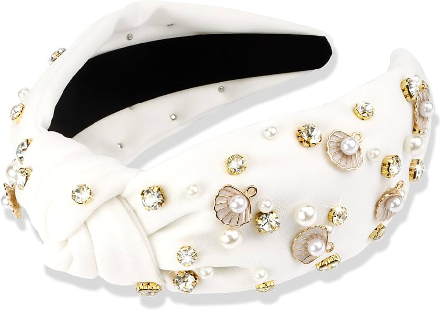 White Headband Pearl Headband Rhinestone Knotted Headbands Womens Girls Wide Top Knot Headbands B... | Amazon (US)