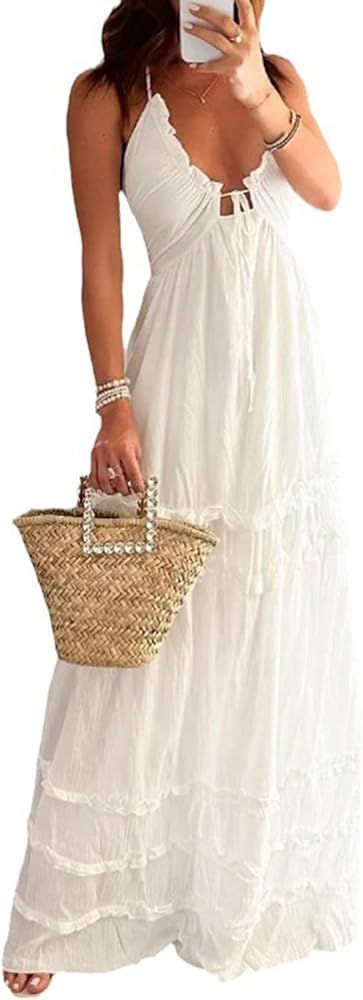Women Summer Dresses 2024 Spaghetti Straps Backless Flowy Maxi Dress Casual Tiered Swing Boho Lon... | Amazon (US)