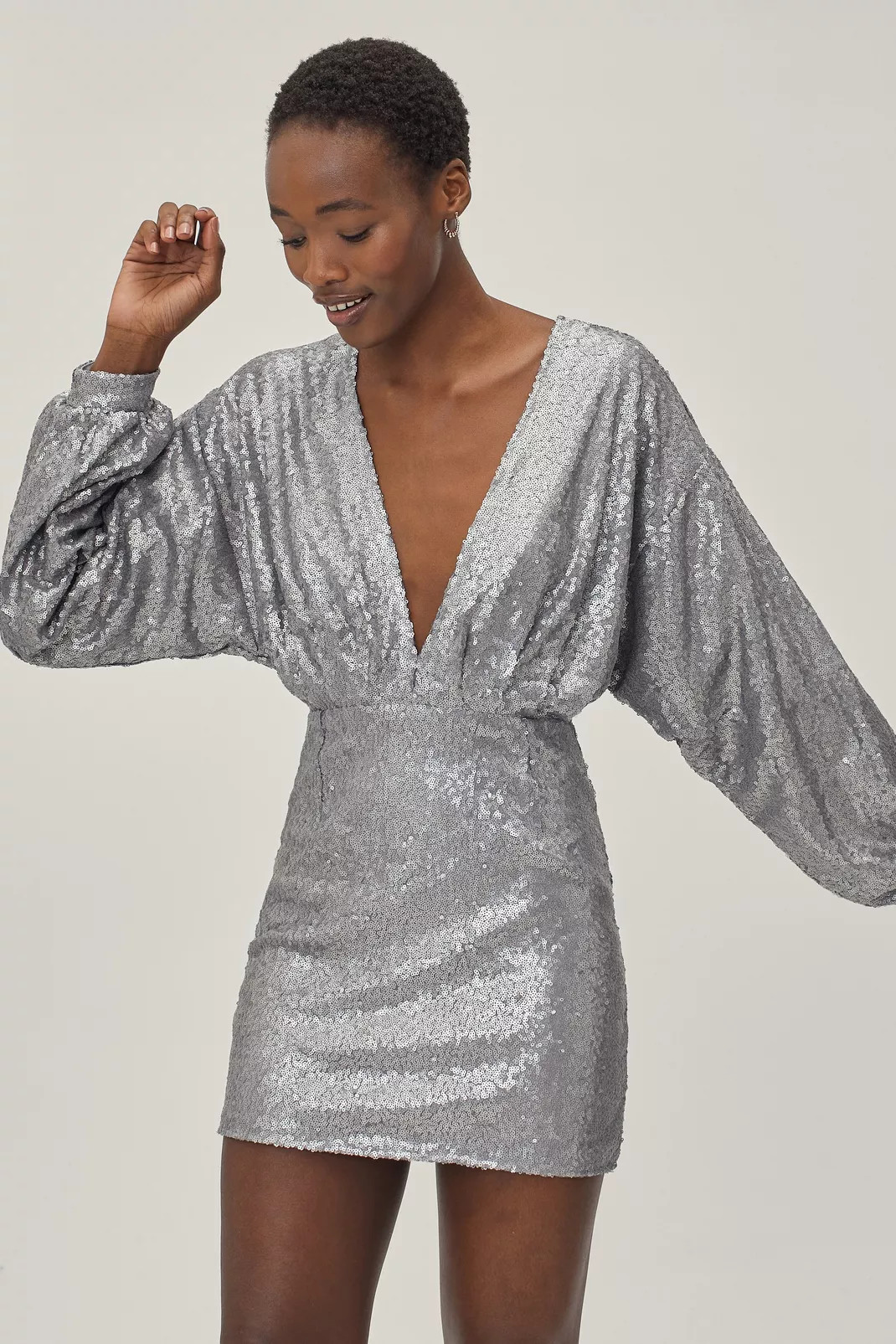 Balloon Sleeve Sequin Plunge Mini Dress | Nasty Gal (US)