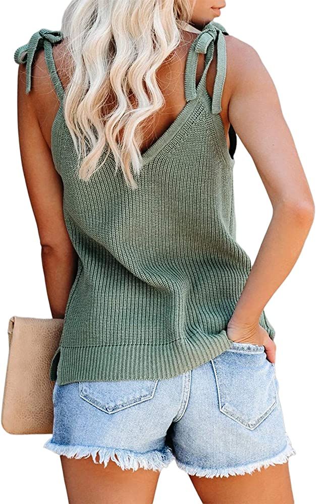 Women's V Neck Tank Tops Casual Sleeveless Tunic Shirts Basic Ribbed Shoulder Strappy Knit Cami S... | Amazon (US)