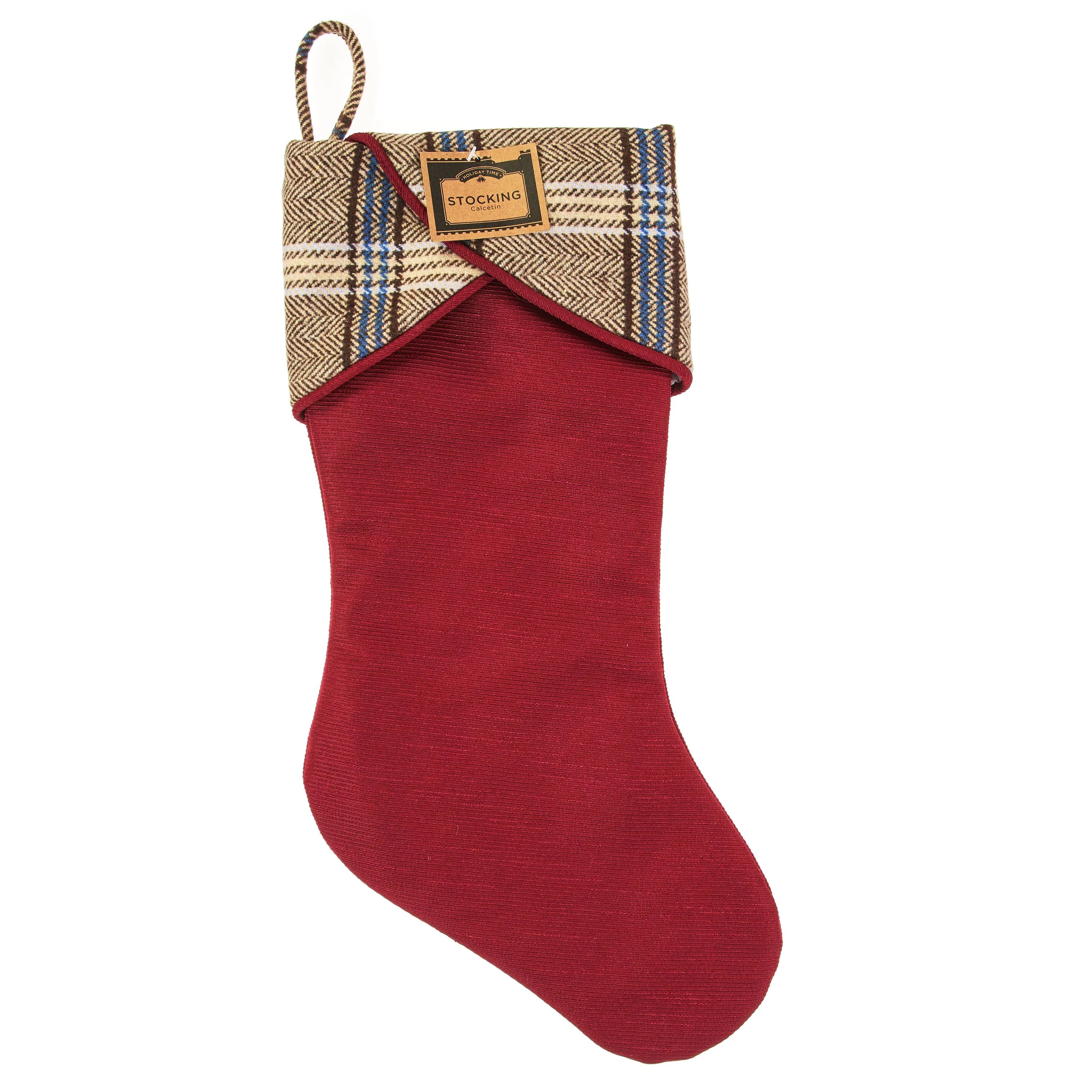 Holiday Time Christmas Cabin Burgundy with Plaid Cuff Christmas Stocking, 20-Inch | Walmart (US)