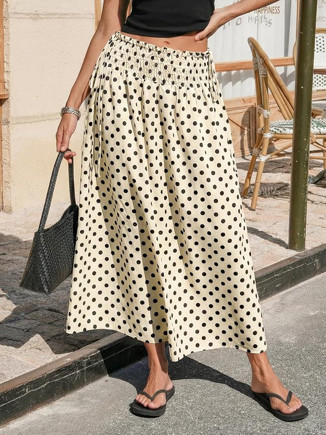 Tankaneo Womens Polka Dot Maxi Skirts Boho Smocked High Waisted Tie Skirt Casual Beach Vacation D... | Amazon (US)