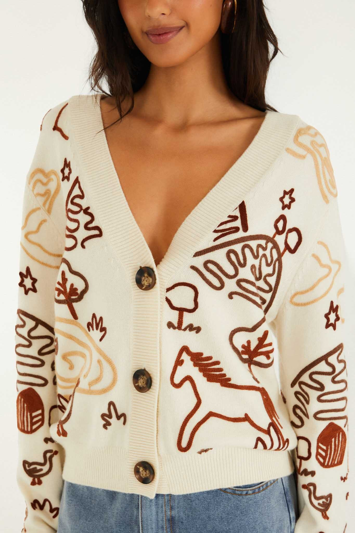 Off-White Countryside Cornelli Buttoned Knit Cardigan | FARM Rio | FarmRio (US)