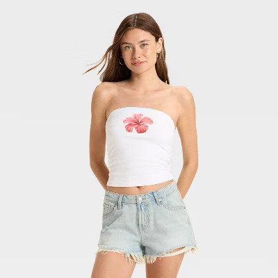Women's Graphic Tube Top - Wild Fable™ White Floral L | Target