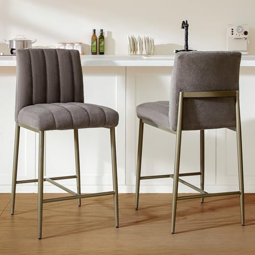 GrandNoor Comfortable Bar Stools Set of 2, 26” Thick Upholstered Counter Height Bar Stools with Back, Linen Counter Stools with Metal Legs for Kitchen Island, Grey | Amazon (US)