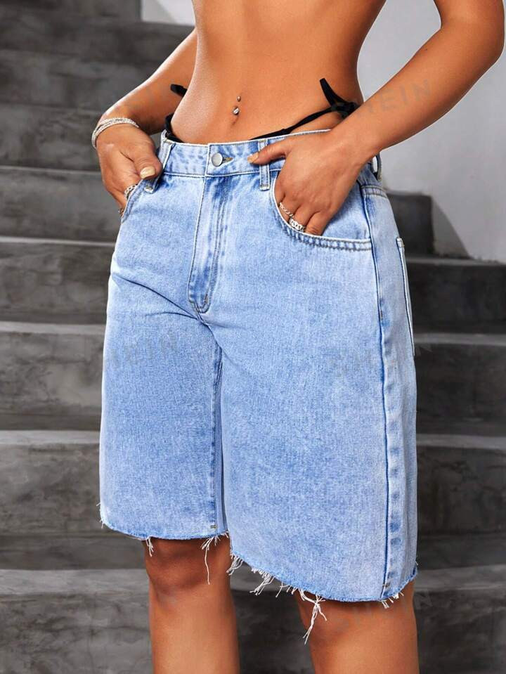 SHEIN ICON Women's Raw Hem Straight Leg Denim Shorts | SHEIN