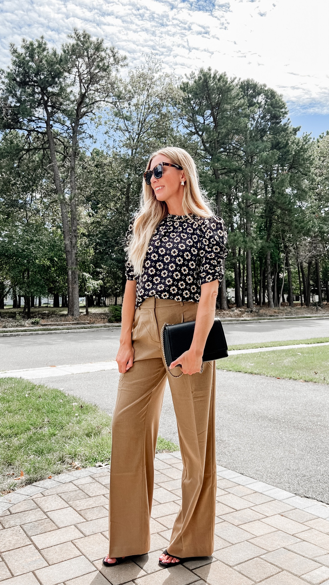Workwear look 🤍 Fall outfit 

Love this geo print blouse and camel colored trouser pants. I’m wearing size extra small in top and 4 long in trousers. 
These trousers are a brushed flannel and will keep you warm for those cold office days.  Currently on sale for 50% off!  At LOFT! 

#LTKstyletip #LTKSeasonal #LTKsalealert