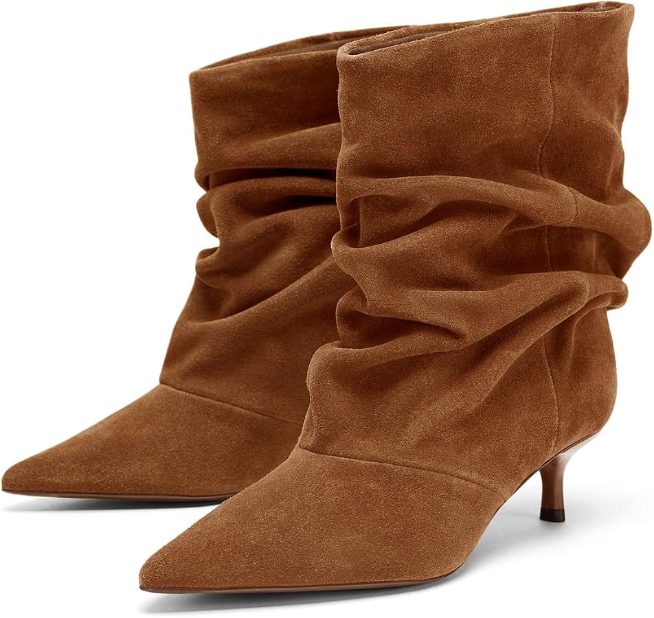 Coutgo Womens Slouchy Ankle Boots Kitten Heel Pointed Toe Pull On Booties | Amazon (US)