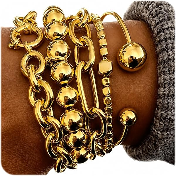 Gold Bracelets for Women, 5PC Gold Plated Stackable Chunky Bangle Set | Amazon (US)