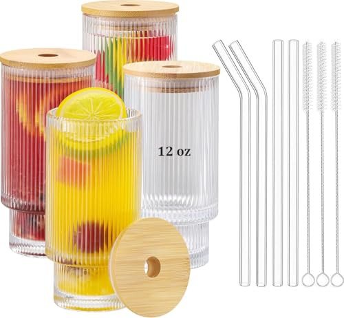 ASANMEYO Ribbed Drinking Glasses with Bamboo Lids and Straws, Ribbed Glass Cups Set of 4 12oz, Vintage Fluted Ribbed Glassware, Iced Coffee Cup for Cocktail, Beer, Juice, Milk, Decor, Gift | Amazon (US)