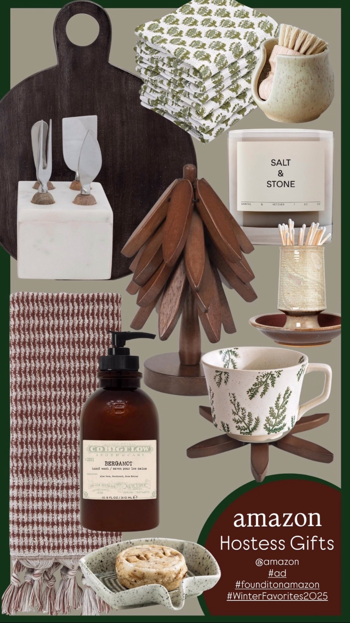 @amazon #ad #founditonamazon #WinterFavorites2025
Hostess gift ideas | affordable hostess gift ideas | candle | match holder | cheese board | cheese knife set | Christmas tree trivet set | mug | dish cloths | hand towels | hand soap | soap dish | dish brush holder | dish sponge holder 