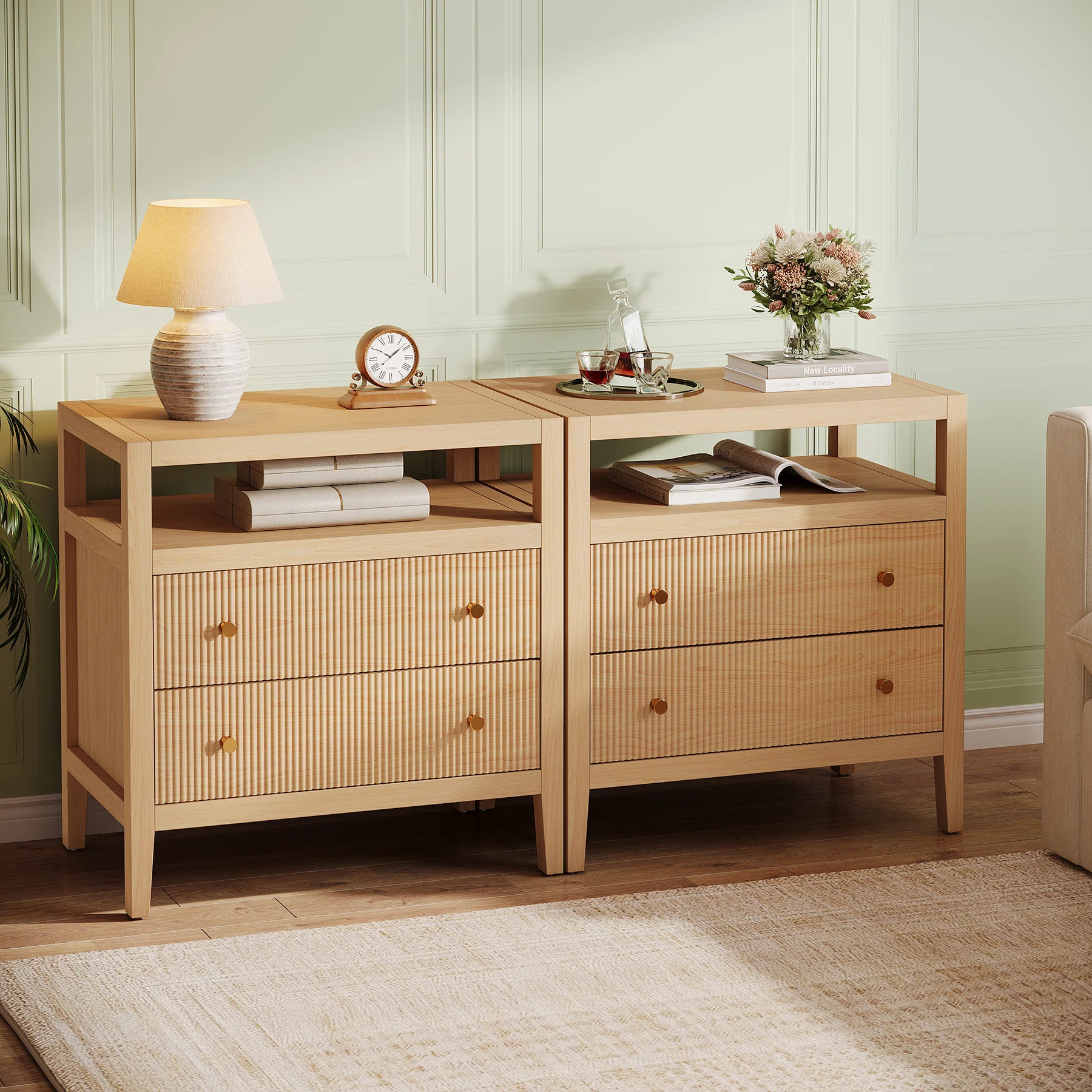 Farmhouse 2-Drawer Nightstand with Open Shelf, Modern Bedside Table in Oak (Set of 2) | Wayfair North America