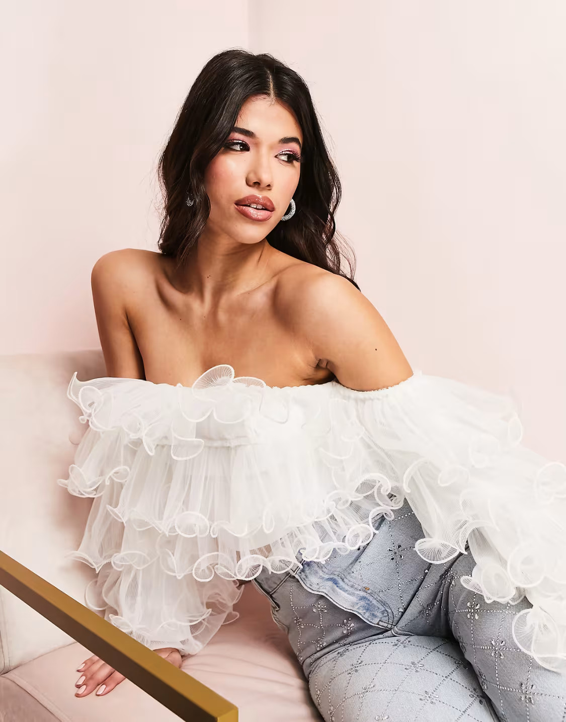 ASOS LUXE organza ruffle wired long sleeve blouse in white | ASOS (Global)