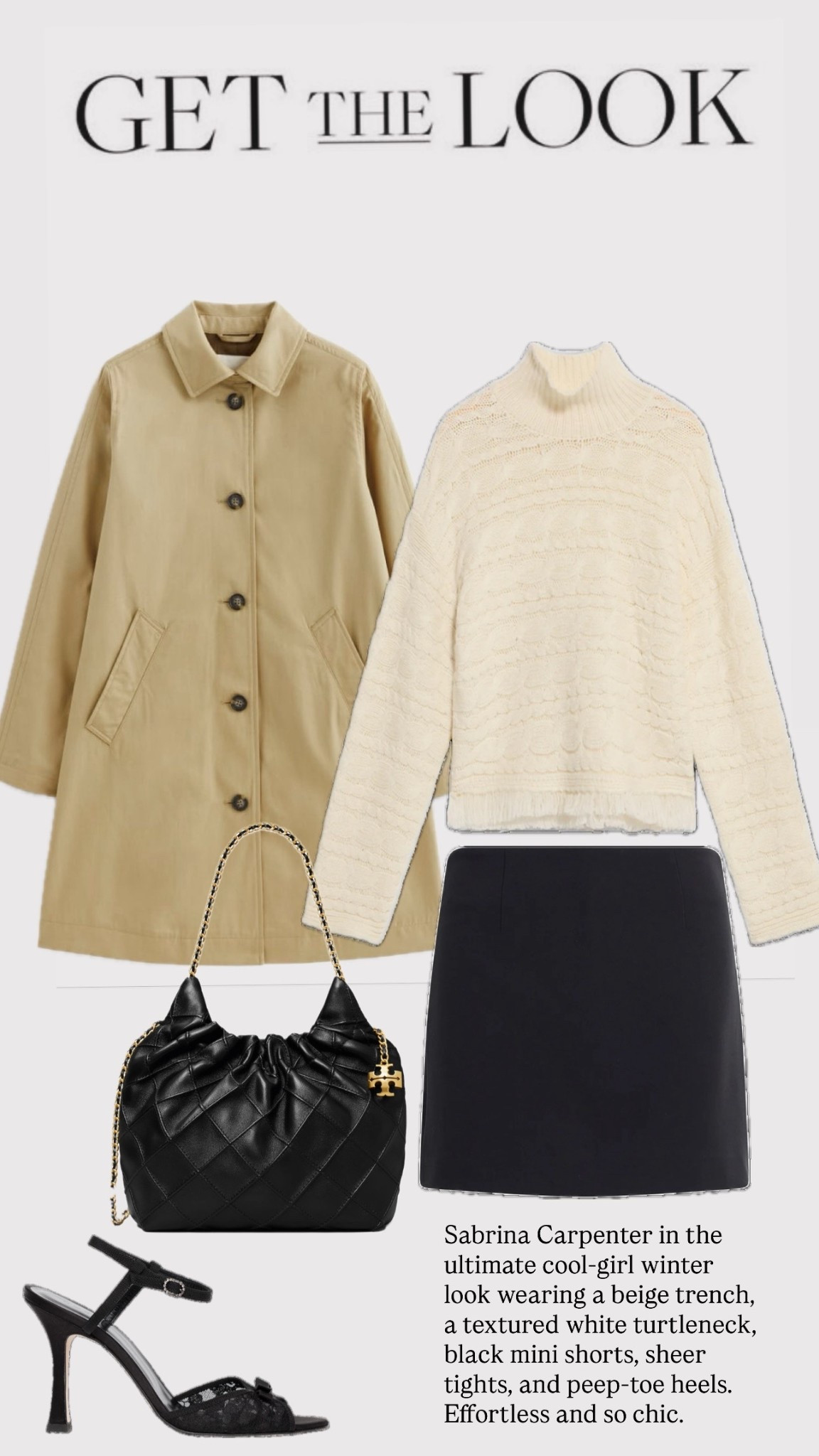 Sabrina Carpenter in the ultimate cool-girl winter look wearing a beige trench, a textured white turtleneck, black mini shorts, sheer tights, and peep-toe heels. Effortless and so chic.