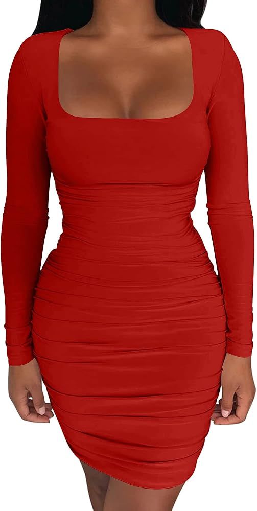 Kaximil Women's Long Sleeve Bodycon Ruched Mini Dress       
Occasion: Daily, Vacation, Club | Amazon (US)