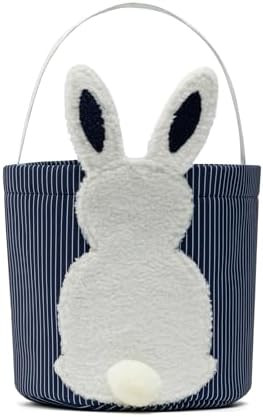 Easter Bunny Basket, Egg Hunt Basket with Plush Bunny Design, Striped Fabric Easter Bucket Tote f... | Amazon (US)