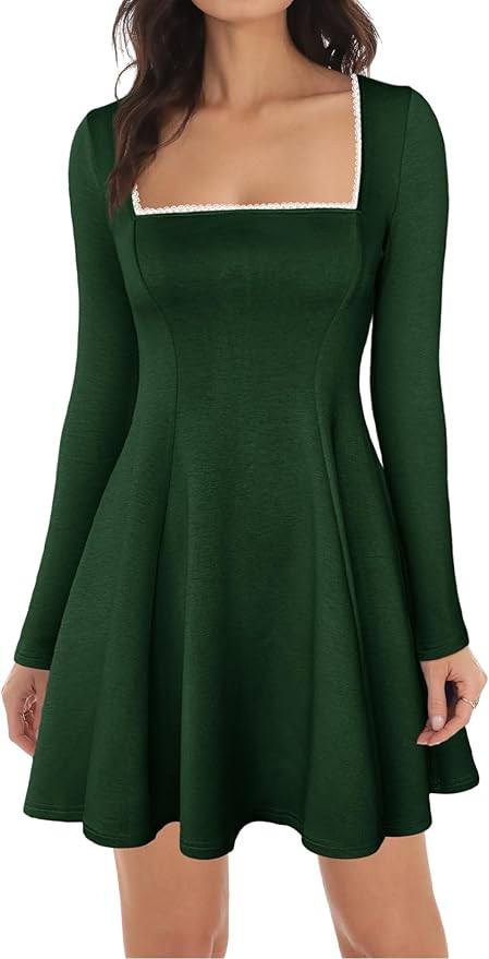 Aisbei Women's Square Neck Dress Casual Long Sleeve Ruffle A Line Flare Party Club Mini Short Dre... | Amazon (US)