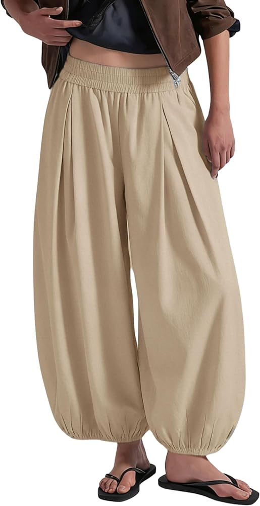 Xiaoxuemeng Baggy Wide Leg Pants Womens Cotton Barrel Pants High Waisted Balloon Pants with Pocke... | Amazon (US)