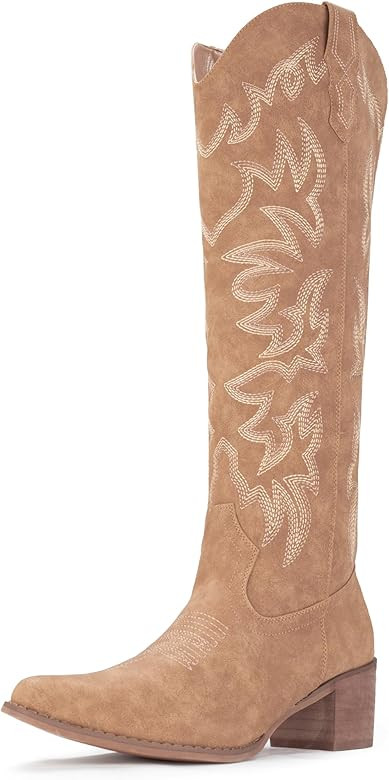 IUV Cowboy Boots For Women Knee High Western Cowgirl Boots Snip Toe Side Zipper Chunky Heel | Amazon (US)