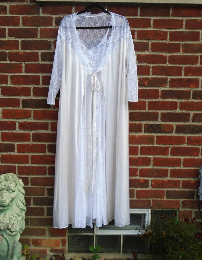 Glydons Lace Peignoir Set Negligee Nightgown off White Long Vintage Size M - Etsy | Etsy (US)