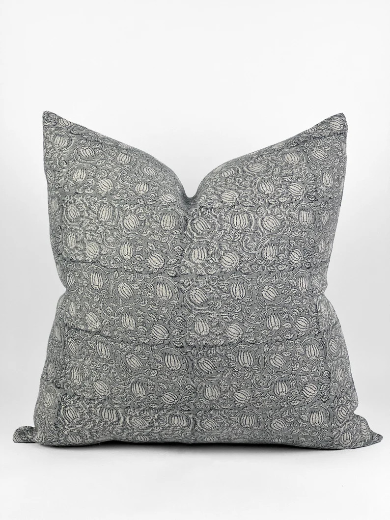 ROSELLE  Designer Grey Blue Linen Pillow Cover Block Print - Etsy | Etsy (US)