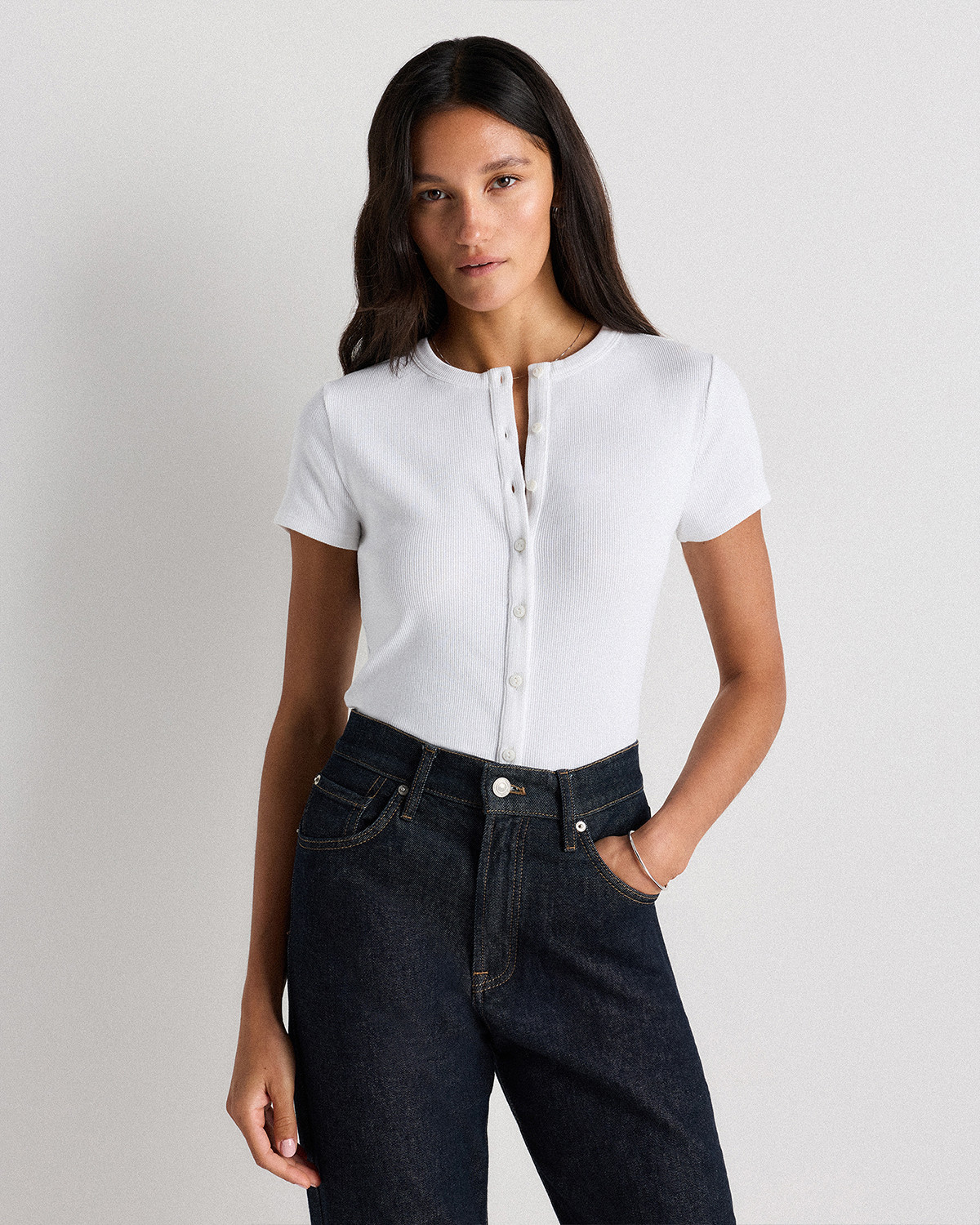Quince | Women's Micro-Rib Button T-Shirt in Soft White, Size Large, Organic Cotton | Quince