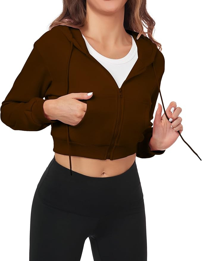 Cropped Zip Up Hoodie Women Jacket Top Sweatshirt Casual Basic Gym Workout Sport | Amazon (US)