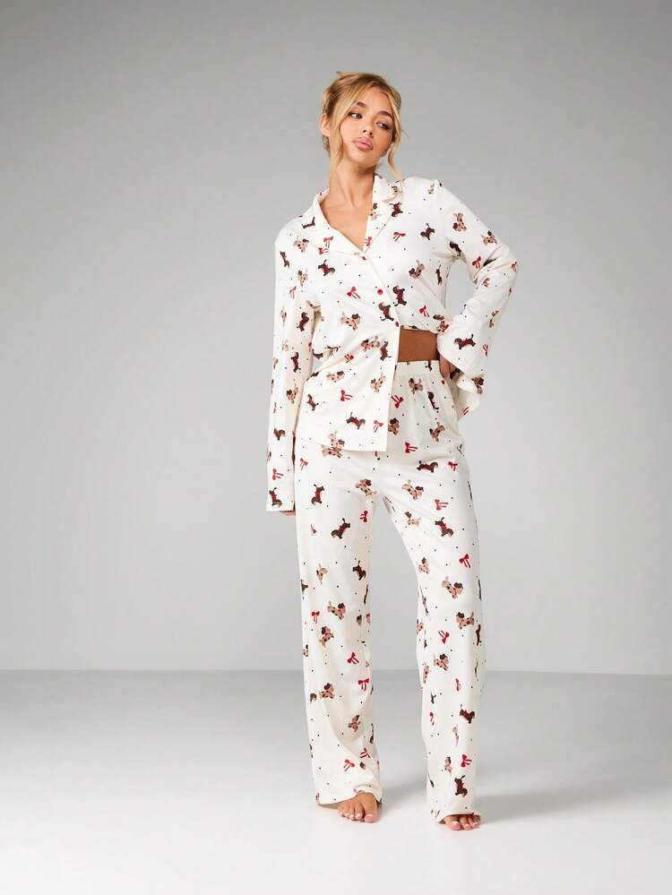 MISSGUIDED Cute Puppy Print Pajama Lounge Set With Long Sleeve Button Front Top And Full Length Elastic Waist Pants Perfect For Cozy Nights | SHEIN