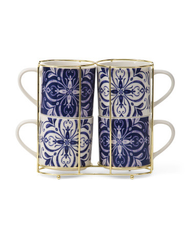 4pk Tile Pattern Mug Set With Holder Rack | Kitchen & Dining Room | Marshalls | Marshalls