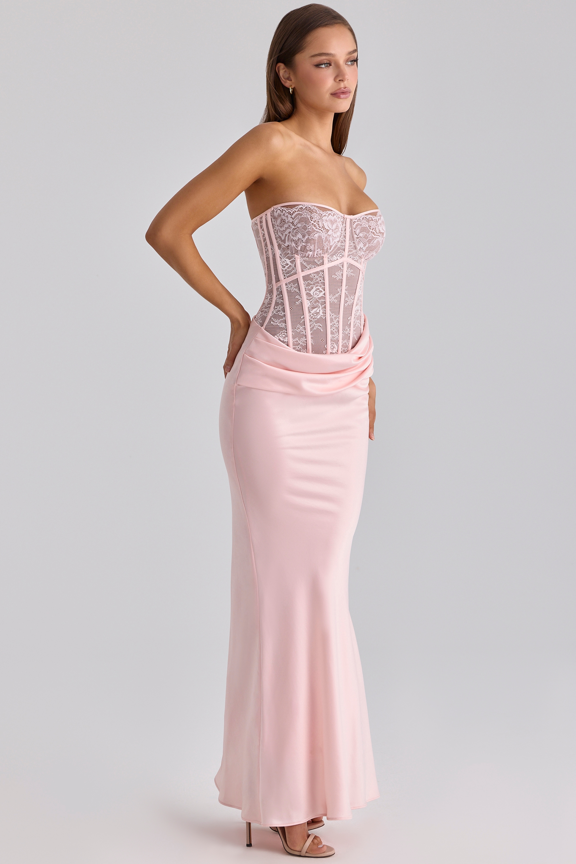 pink lace + satin maxi corset dress | House of CB