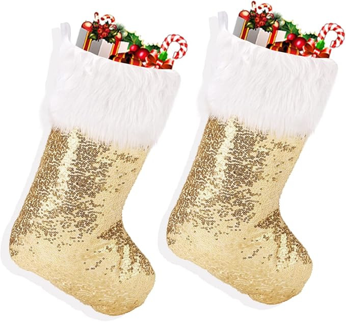 Ushinemi Christmas Stocking 2 Pack 17 inches, Large Gold Christmas Stocking, Glitter Sequin Xmas ... | Amazon (US)