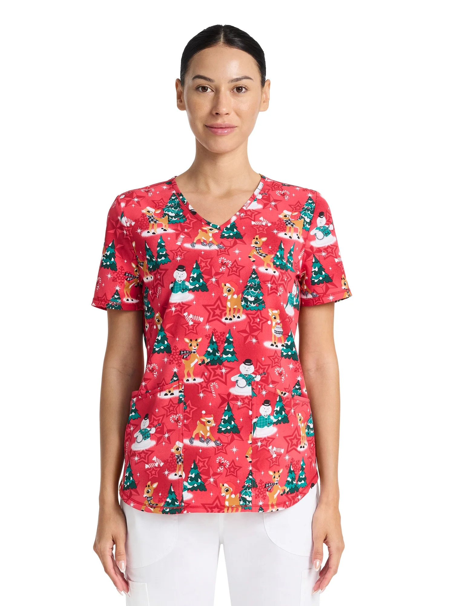 Rudolph Warm And Cozy Women's V-Neck Print Scrub Top, Sizes XS-3XL | Walmart (US)