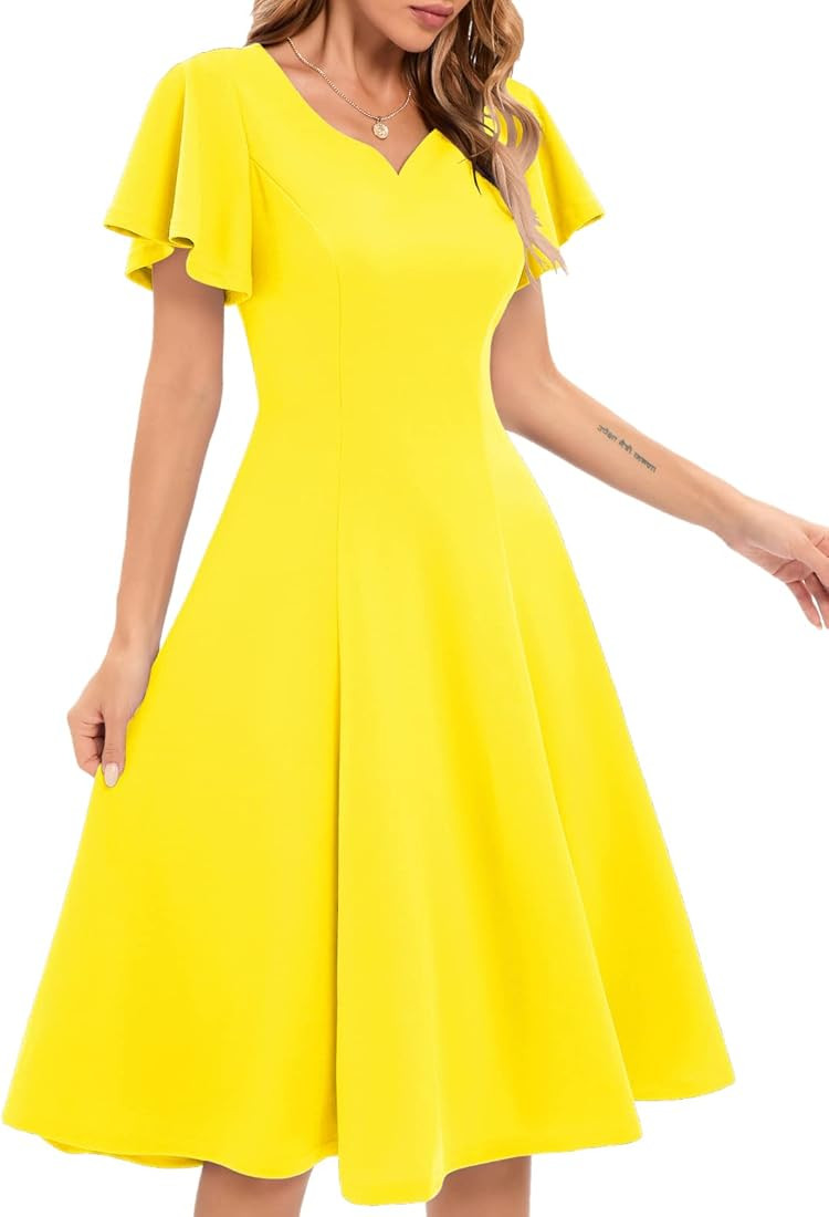 HomRain Ruffle Sleeve Cocktail Dresses for Wedding Guest Fit and Flare Tea Length Party Dress | Amazon (US)