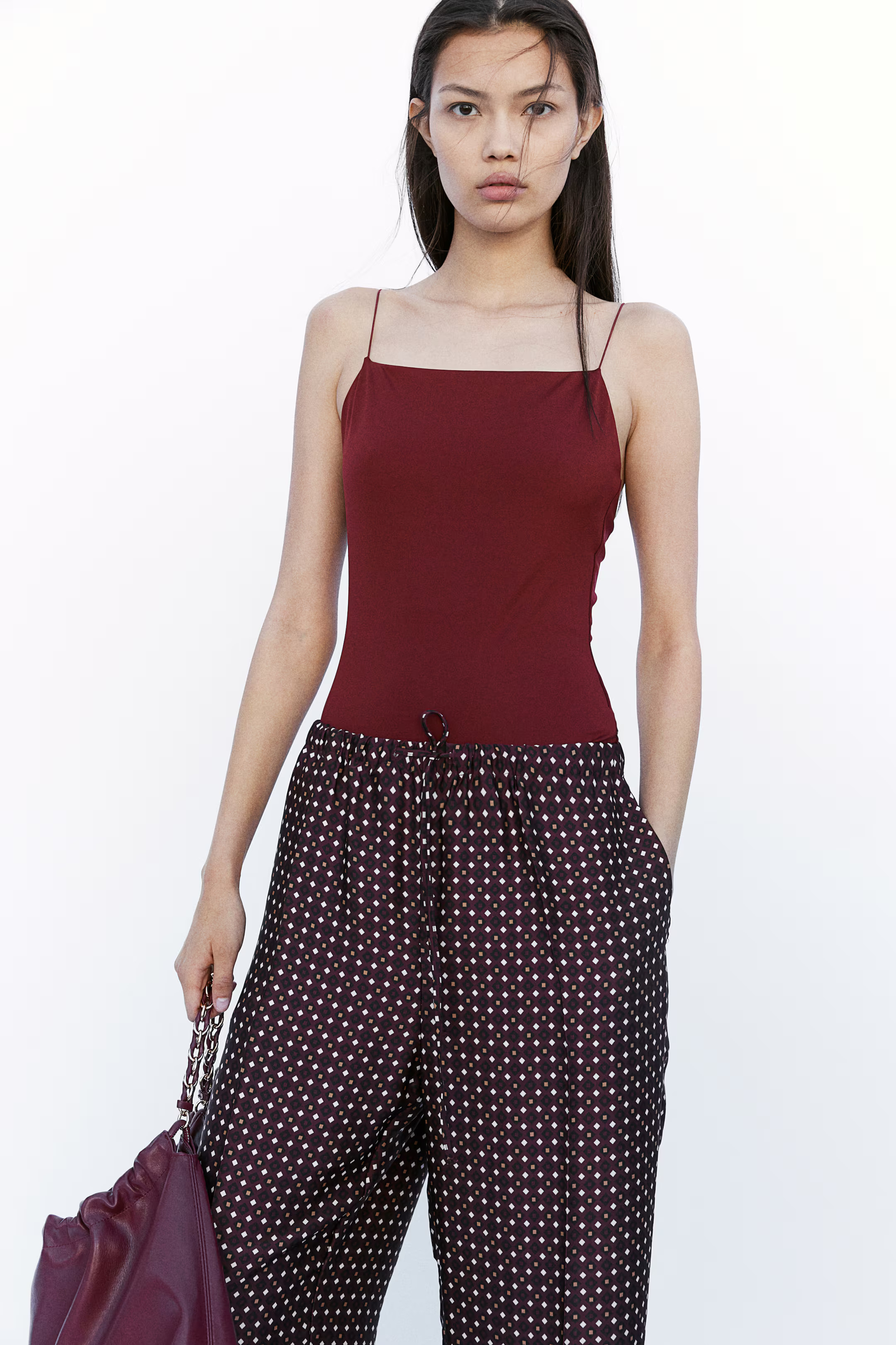 Thong Bodysuit with Narrow Shoulder Straps - Square Neckline - Sleeveless - Burgundy - Ladies | H... | H&M (US + CA)